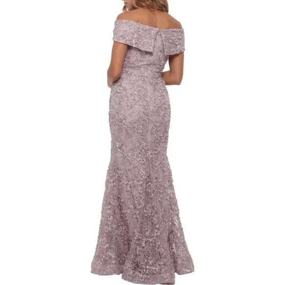 Xscape Womens Sz 4 Taupe Off the Shoulder Embroidered Lace Long Gown Dress - Picture 2 of 14